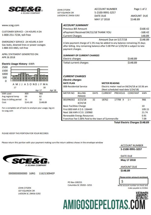 imprimível Modelo de conta de serviços públicos de eletricidade SCE&G da Carolina do Sul dos EUA em formato Word e PDF